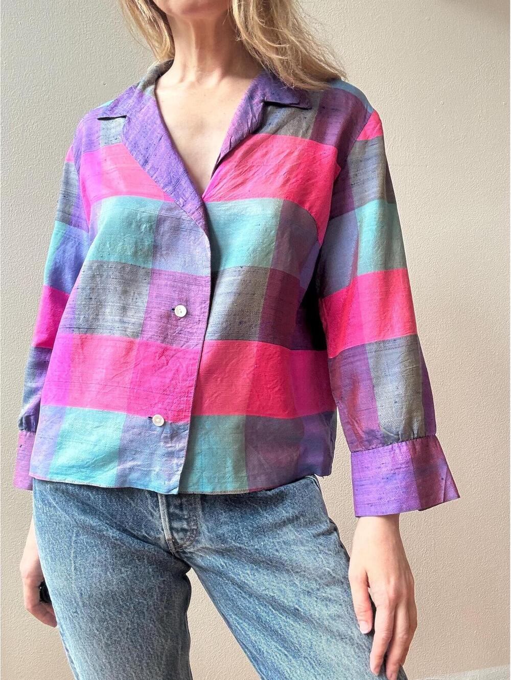 Vintage 1980s Silk Plaid Blouse